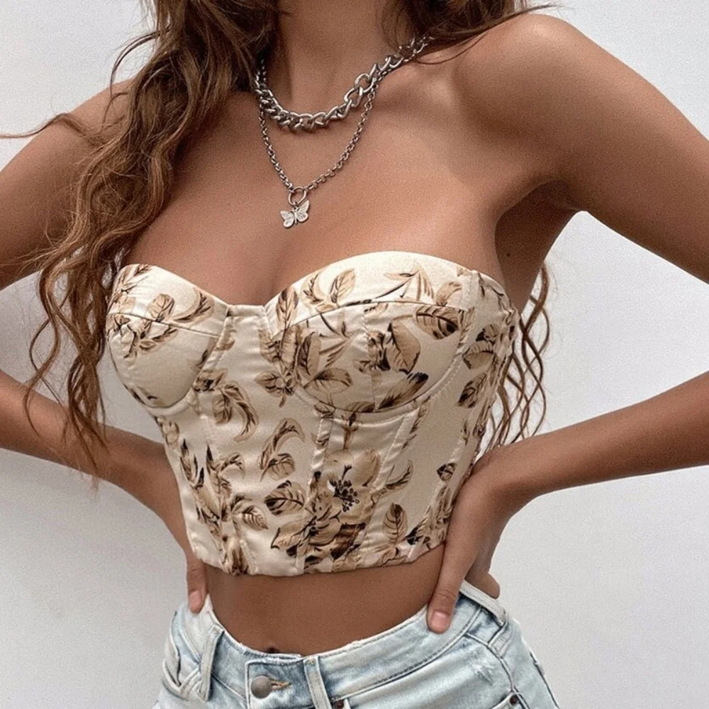 Boho Black floral print lace up back satin bustier corset tube top - Picture 3 of 14